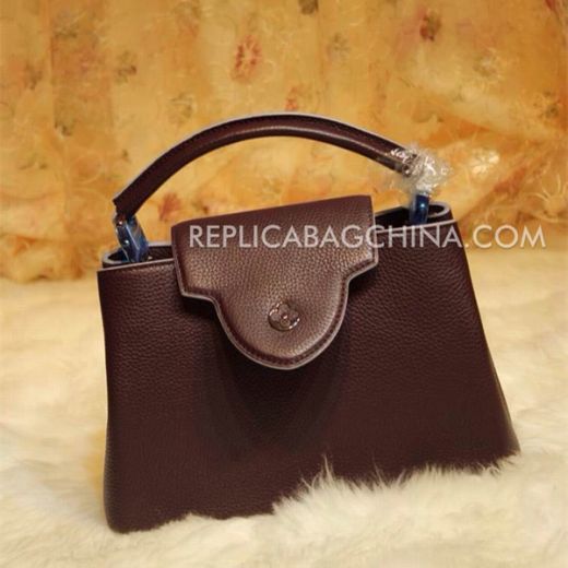 Good Quality Louis Vuitton Capucines Flower Design Buckle Brown Calfskin Leather Womens Flap Clone Tote Bag 