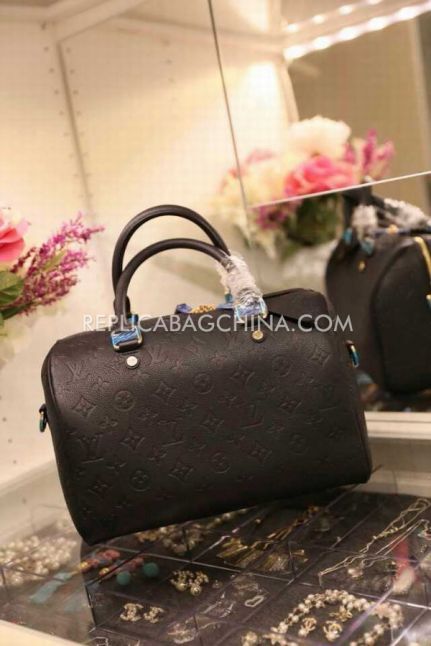  Good Quality Louis Vuitton Monogram Rounded Top Handles Logo Pattern Black Leather Double Zipper Boston Bag