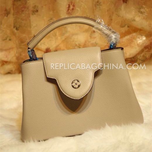 Louis Vuitton Capucines Narrow Slip-over Flap Yellow Gold Hardware Ladies Single Handles Apricot Leather Tote Bag Sale Online