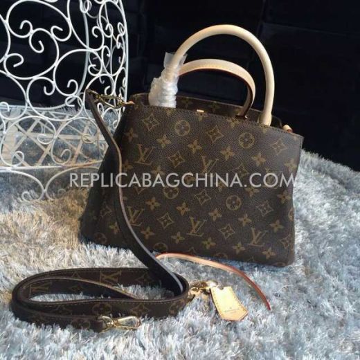 New Louis Vuitton Montaigne Beige Top Handles Two Compartments Brown Calfskin Leather Monogram Handbag For Womens