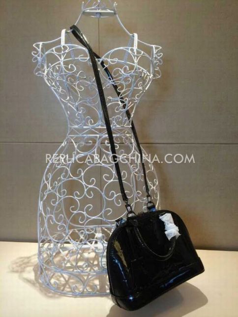 Louis Vuitton Alma BB Matte Silver Hardware Zipper Closure Black Patent Leather Womens Crossbody Bag Online