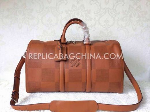 Good Quality Louis Vuitton Keepall Large Capacity Check Design Brown Leather Unisex Handbag For Travel