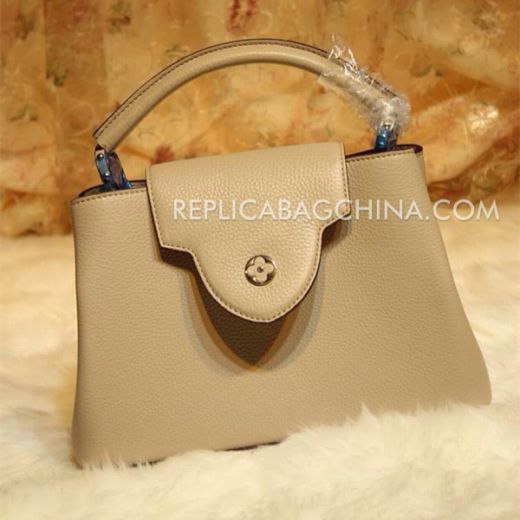  Louis Vuitton Capucines High End Apricot Grainy Leather Flow Style Buckle Ladies Flap Tote Bag Price Online