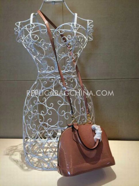  Louis Vuitton High Quality Monogram Yellow Gold Zipper Top Coffee Patent Leather Alma Tote Bag 