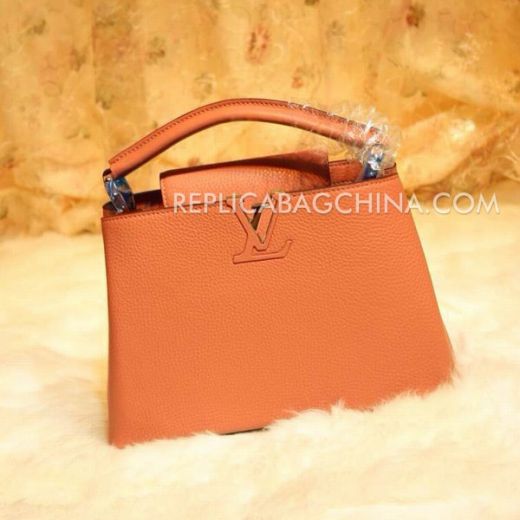 Women's Louis Vuitton Capucines LV Logo Motif Single Top Handle Orange Grainy Leather Flap Tote Bag Price List 