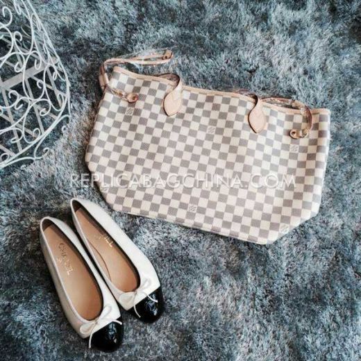 Hot Selling Louis Vuitton Damier Azur Khaki Detail Slim Top Handles White Genuine Leather Check Tote Bag For Womens 