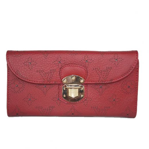 Louis Vuitton Amelia Mahina Sexy Red Perforated Leather Logo Pattern Back Zipper Pocket Womens Long Flap Wallet