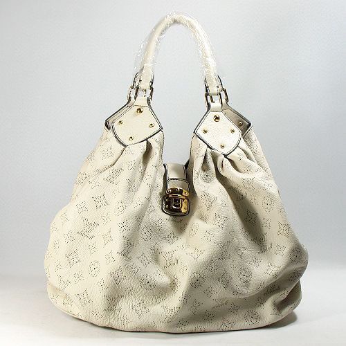 New Design Louis Vuitton Mahina Logo Pattern Females Yellow Gold Hardware Grey Tote Bag Price Online