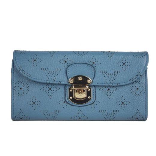 Top Styles Louis Vuitton Amelia Perforated Pattern Square Push Lock Womens Long Flap Blue Mahina Leather Wallet Price Malaysia