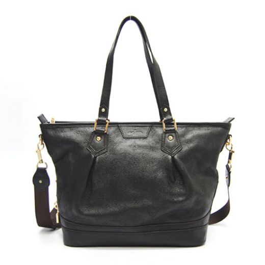 Retro Style Louis Vuitton Mahina Womens Black Leather Large 2Way Bag Brown Canvas Shoulder Strap 