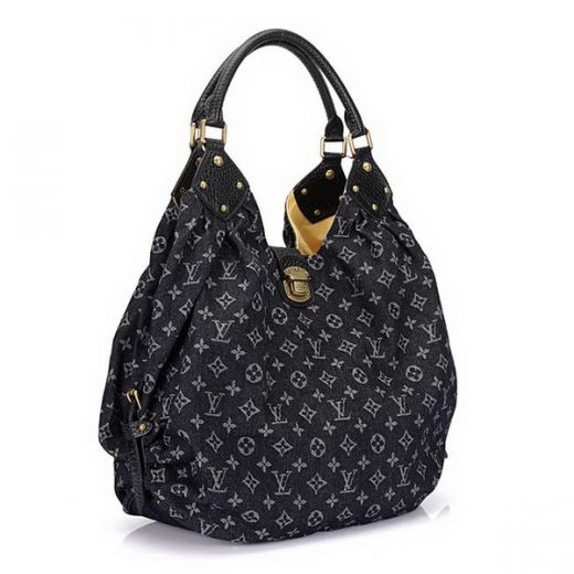 Office Style Louis Vuitton Monogram Denim Belt Detail Curved Tote Bag Womens Crossbody Bag Black Leather