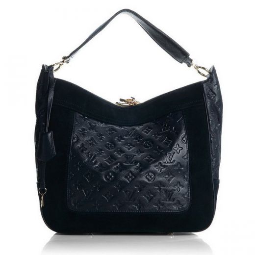 Louis Vuitton Monogram Empreinte Suede Leather Detail Wide Flat Top Handle Logo Pattern Ladies Black Shoulder Bag 