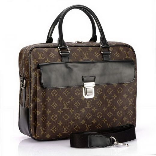 Men's Most Popular Louis Vuitton Monogram Macassar Black Rounded Handles Flap Pocket Silver Buckle Brown Handbag 