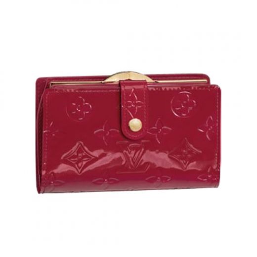 Women's Fashion Louis Vuitton Monogram Vernis Yellow Gold Kiss Lock Pocket Red Enamel Leather Wallet 