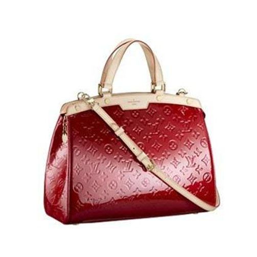  Louis Vuitton Monogram Vernis Leather Beige Detail Flat Top Handles Ladies Red Enamel Shoulder Bag 