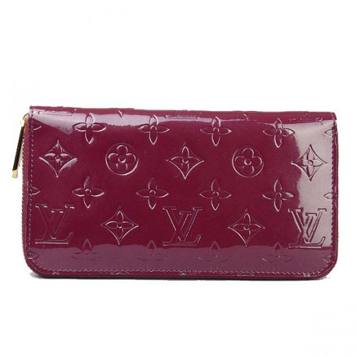 Top Sale Louis Vuitton Monogram Vernis Ladies Purple Patent Leather Yellow Gold Zipper Long Wallet For Sale 