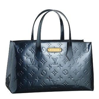 Cheap Louis Vuitton Monogram Vernis Yellow Gold Logo Tab Zipper Top Flat Handles Ladies Clone Blue Tote Bag
