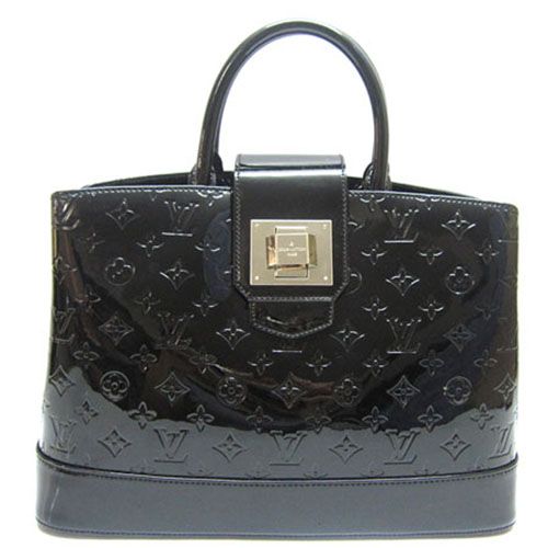 Louis Vuitton Monogram Vernis Leather Slip-over Flap Silver Square Turn-lock Ladies Black Shoulder Bag 