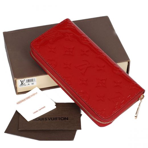 Most Fashion Louis Vuitton Monogram Vernis Red Long Yellow Gold Zip-around Closure Wallet For Womens 