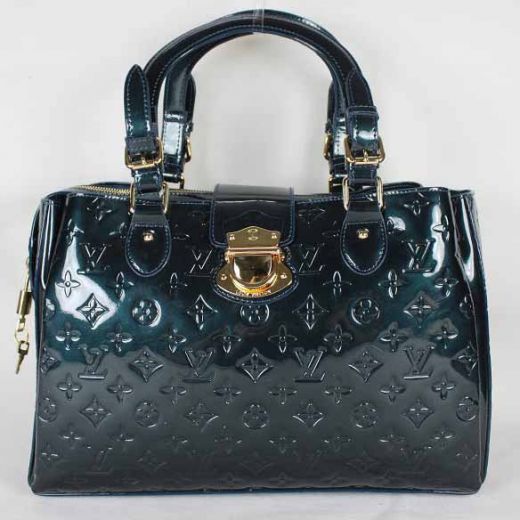 Valuable Louis Vuitton Womens Monogram Vernis Blue Patent Leather Double Compartments Tote Bag Classy Copy 