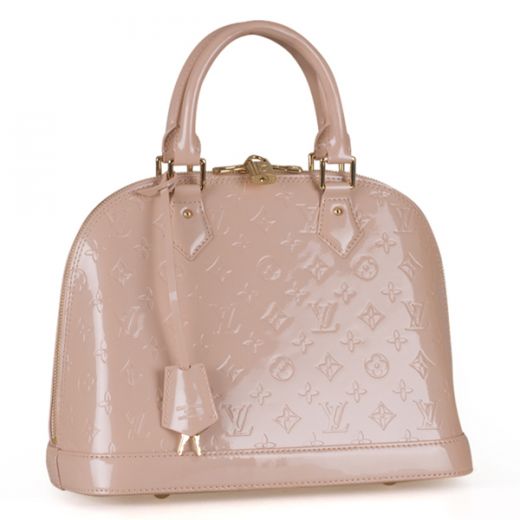 High-End Chic Pink Louis Vuitton Monogram Vernis ALMA  Lady Pink Enamel Leather Tote Bag Gold Lock Charm