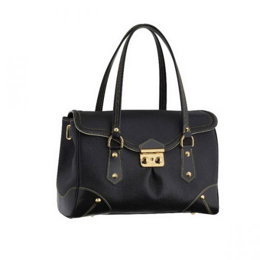 Latest Louis Vuitton Suhali Yellow Sewing Thread Detail Golden Buckle Ladies Black Leather Flap Shoulder Bag 