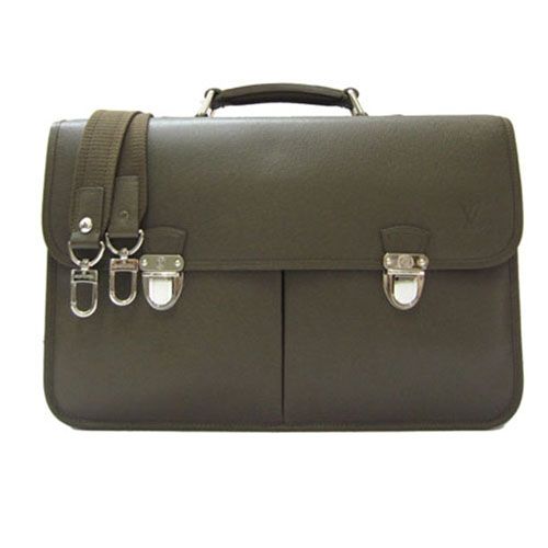 Men's Most Fashion Louis Vuitton Taiga Double Lock Silver Hardware Mens Green Leather Flap Document Bag