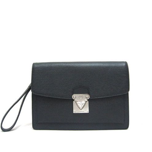 Part Style Louis Vuitton Taiga Fashion Silver Buckle Lock Black Calf Leather Mens Evening Bag For Sale 