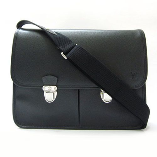 Spring Classic Louis Vuitton Taiga Black Leather Double Buckle Lock Mens Flap 2way Messenger Bag 