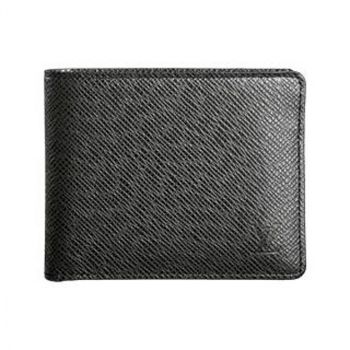 Louis Vuitton Taiga Black Leather Short Bi-fold Logo Design Detail Mens Card Bag Business Style Wallet 