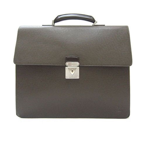 Men's Most Fashion Louis Vuitton Taiga Grey Top Handle Silver Lock Mens Brown Leather Flap Briefcase 