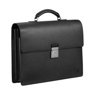 Simple & Fashion Louis Vuitton Taiga Single Top Handle Silver Hardware Mens Black Leather Flap Briefcase 