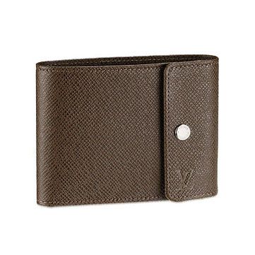 Best Quality Louis Vuitton Taiga Silver Button Snap Coffee Leather Mens Bi-fold Flap Wallet 