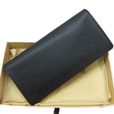Louis Vuitton Taiga Retro Style Silver Zipper Compartment Guy Long Black Cow Leather Bi-fold Wallet 