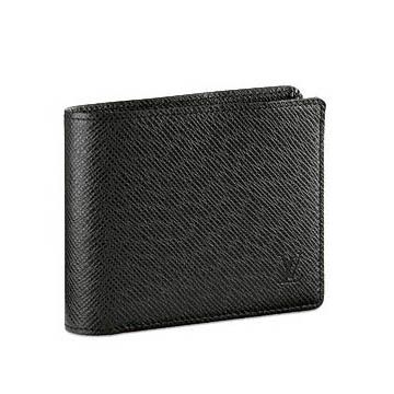 Best Louis Vuitton Taiga Logo Pattern Black Leather Mens Compact Wallet For Sale 