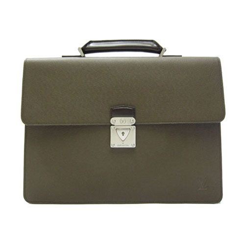 Popular Louis Vuitton Taiga Brown Leather Detail Silver Buckle Males Grey Cow Leather Flap Briefcase 