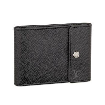 Hot Selling Louis Vuitton Taiga Six Card Slots Silver Snap Button Black Cow Leather Mens Tri-fold Wallet 