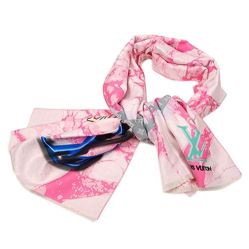 Top Sale Louis Vuitton Marble Effect Printing Blue 3D LV Logo Ladies Pink Scarf For Sale 