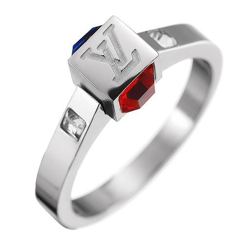 Most Popular Louis Vuitton Logo Blue-red Diamonds White Gold Ring Price US 