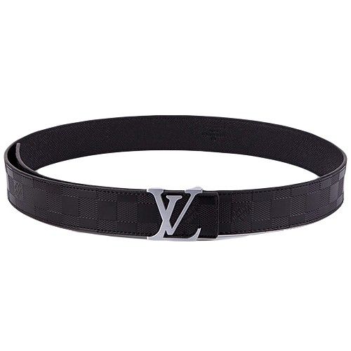 Fashion Louis Vuitton Damier Print Silver LV Shaped Pin Buckle Black Leather Belt For Mens UK