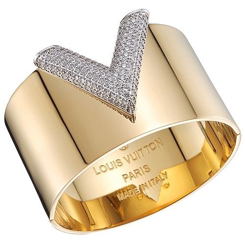 Full Popular Louis Vuitton Essential V-shaped Diamonds Cuff Ladies Yellow Gold Wide Bracelet  