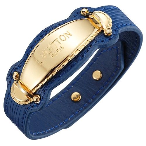 2019 Fashion Louis Vuitton Polished Yellow Gold Logo Trimming Blue Leather Bracelet For Womens 
