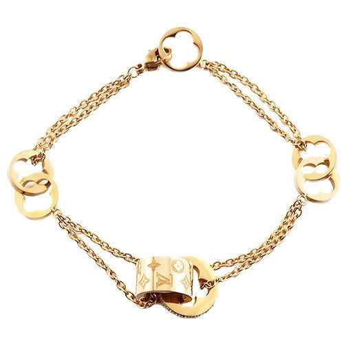 Hot Selling Womens Louis Vuitton Clous Logo Pattern Ring Trimming Flower-shaped Hollow Pandent Yellow Gold Bracelet 