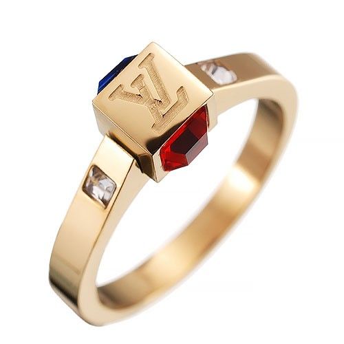 Louis Vuitton Blue-red Diamonds Gold-plated Wide Logo Ring Unique Singapore Price 2019 For Women 