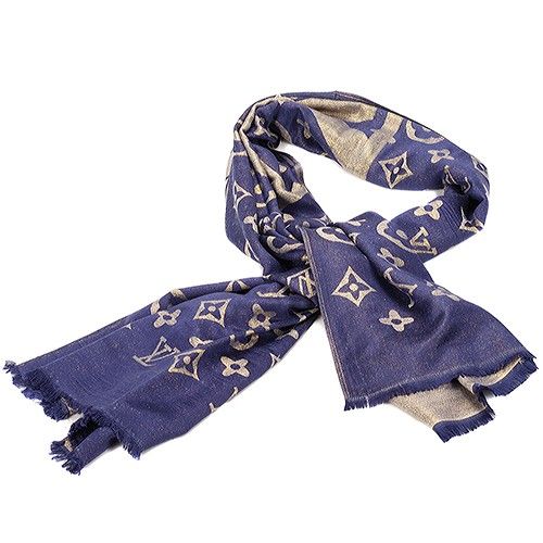 Latest Louis Vuitton Tassel Trimming Popular Gold Logo Monogram Females Blue Silk Scarf  