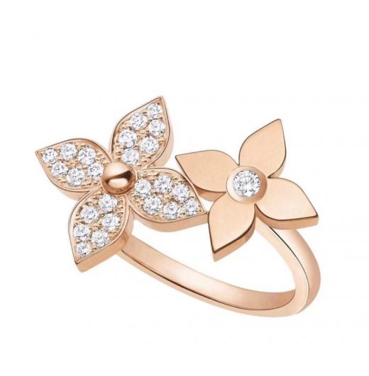 Top Quality  Louis Vuitton Female Rose Gold Full Diamond Double Starflower Ring Adjustable For Sale