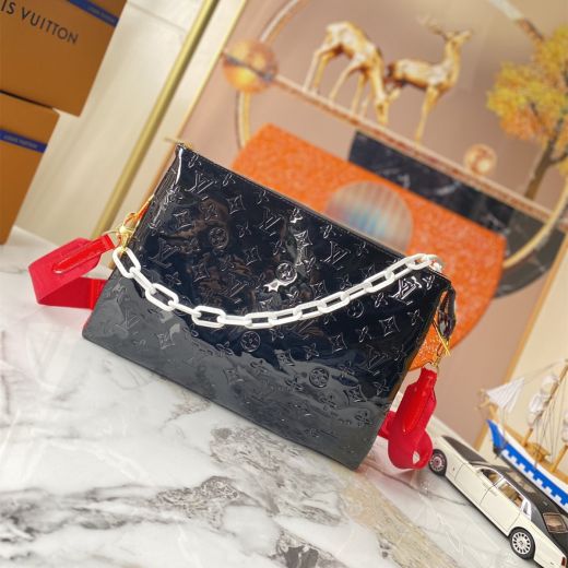 High Quality Removable Chunky White Chain Strap Black Patent Leather Coussin MM M20369 - Copy LV Women Crossbody Bag