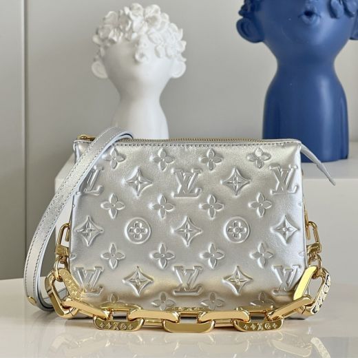  Louis Vuitton Coussin Rectangle Silver Detachable Double Shoulder Straps Floral Print Pattern Ladies Crossbody Bag M20567
